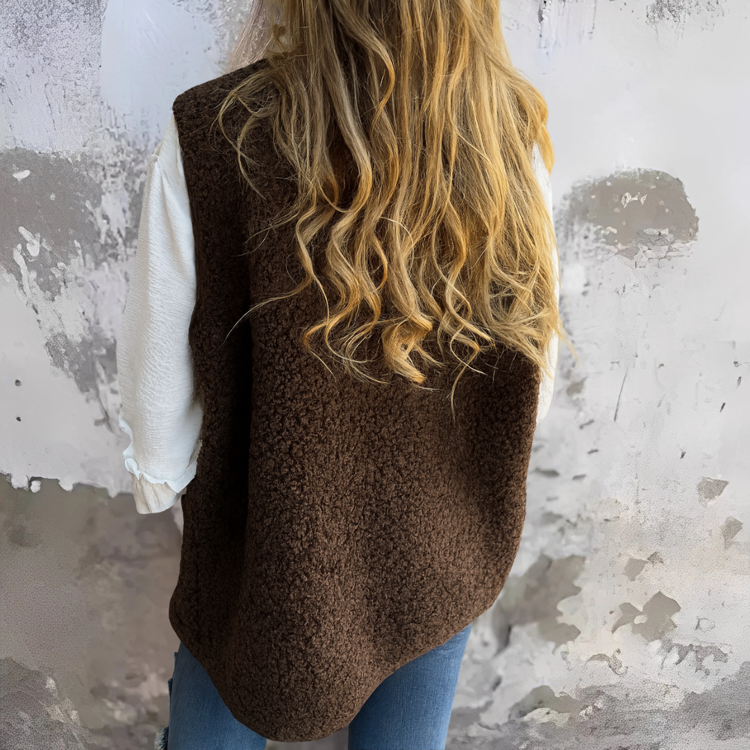 Gilet sans manches en tissu doux marron, boutons pression, poches plaquées