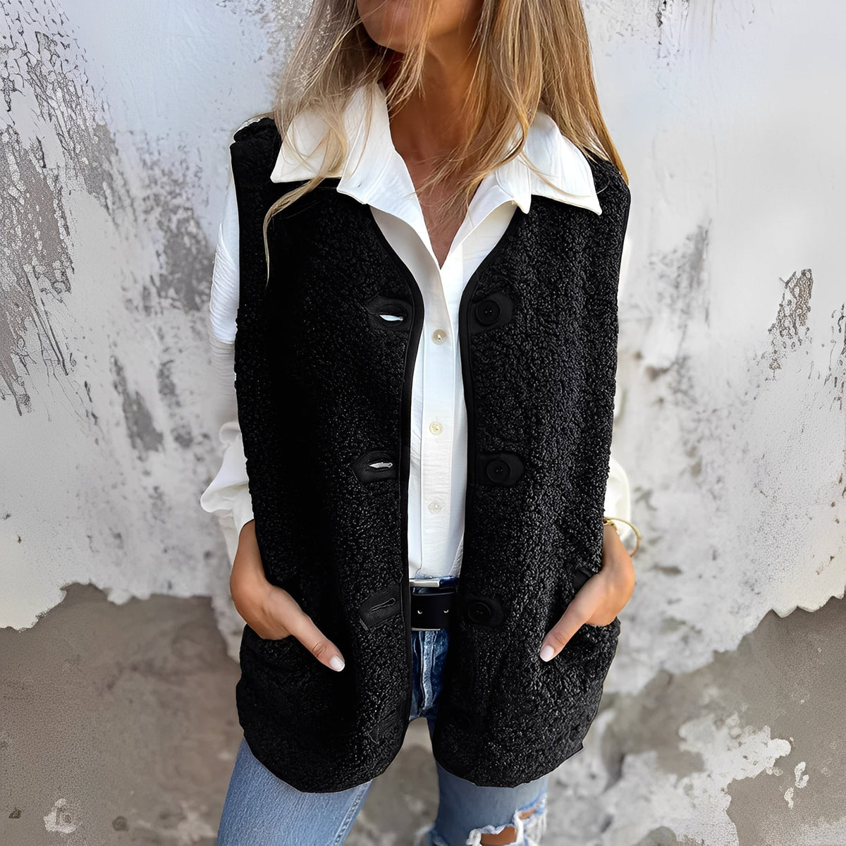 Gilet sans manches en tissu doux noir, boutons pression, poches plaquées
