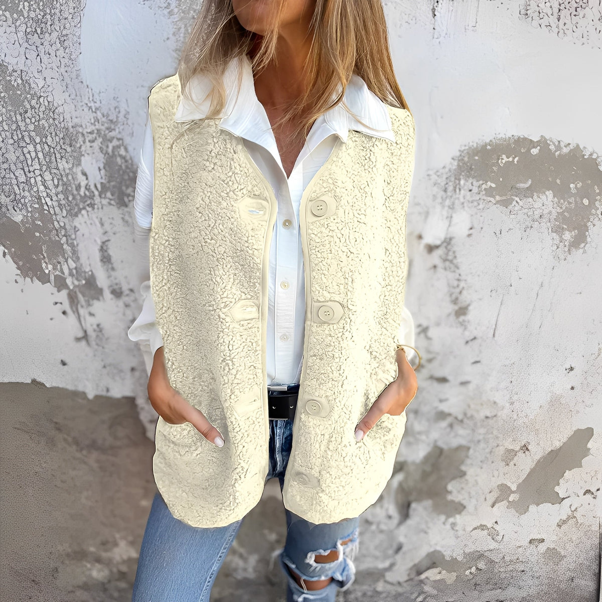 Gilet sans manches en tissu doux blanc cassé, fermeture boutonnée, poches plaquées