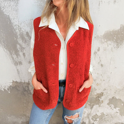 Gilet sans manches en tissu doux rouge, boutons pression, poches plaquées