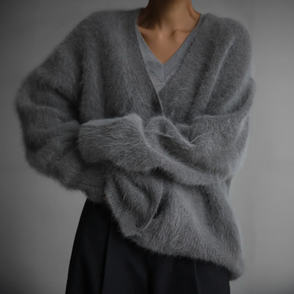 Cardigan en cachemire gris anthracite, encolure V boutonnée, manches XXL et poches fendues