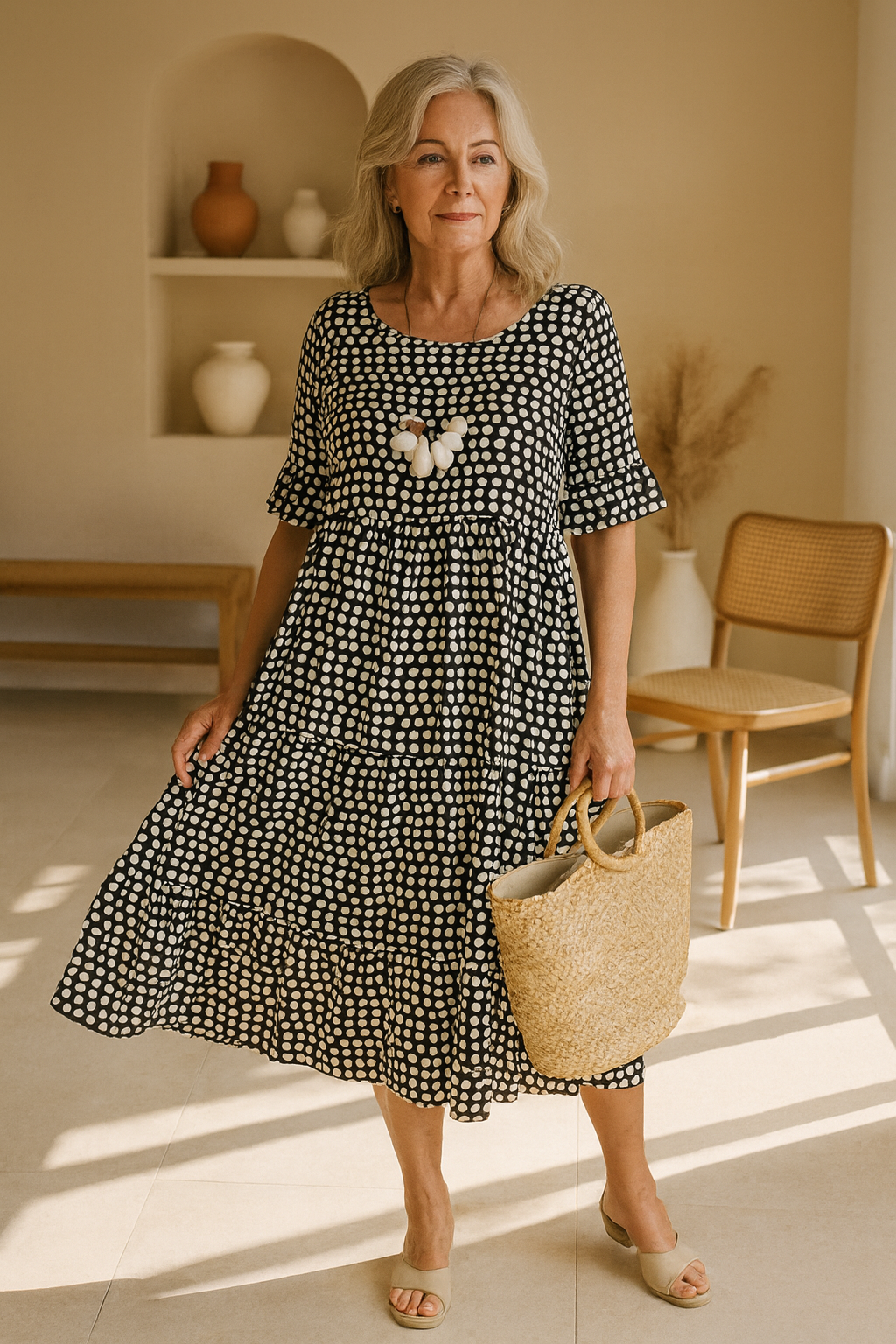 Robe midi fluide noire à pois blancs, manches courtes, encolure carrée, fleur brodée.