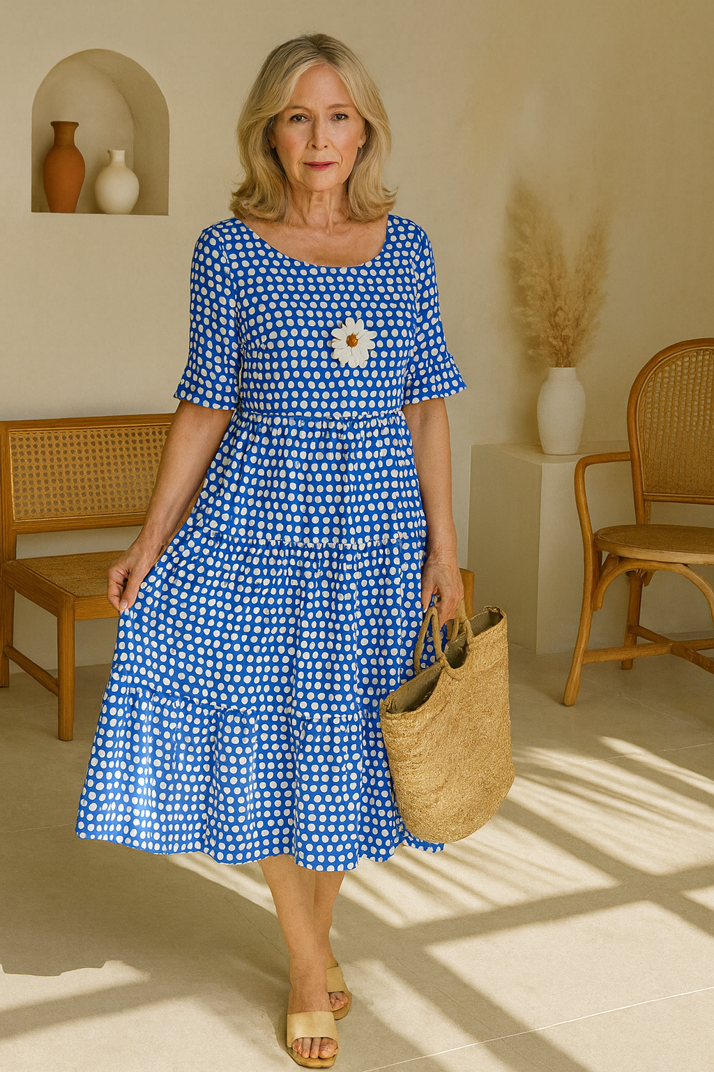 Robe midi fluide bleue à pois blancs, manches courtes, encolure carrée, fleur au buste.