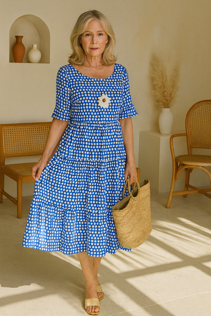 Robe midi fluide bleue à pois blancs, manches courtes, encolure carrée, fleur au buste.