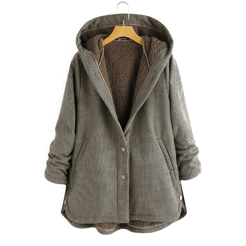 Veste à capuche boutonnée à carreaux vert-brun, doublure intérieure duveteuse