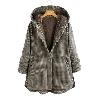 Veste à capuche boutonnée à carreaux vert-brun, doublure intérieure duveteuse