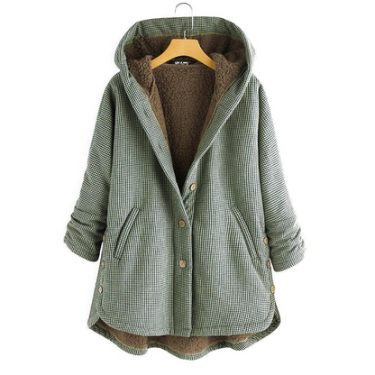 Veste à capuche boutonnée à carreaux vert, doublure intérieure duveteuse