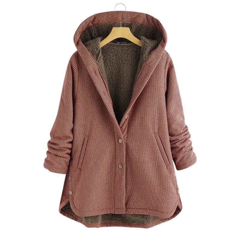 Veste à capuche boutonnée à carreaux rouge brique, doublure intérieure duveteuse