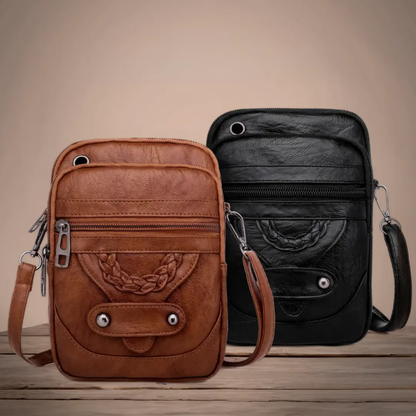 Sac à bandoulière en cuir : un modèle marron et un modèle noir, vues de face