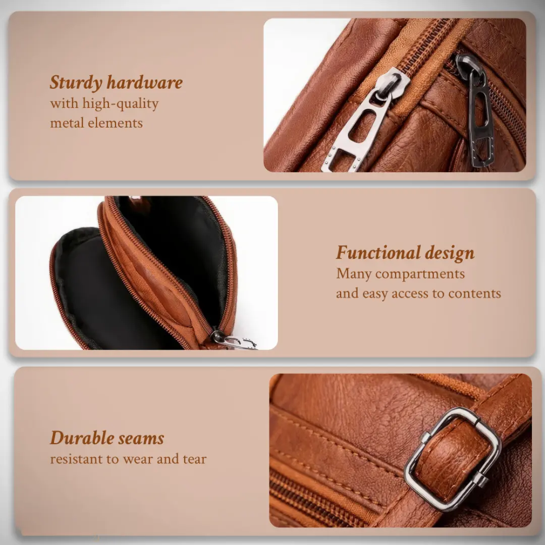 Infographie du sac à bandoulière : zips métal, compartiments et coutures résistantes