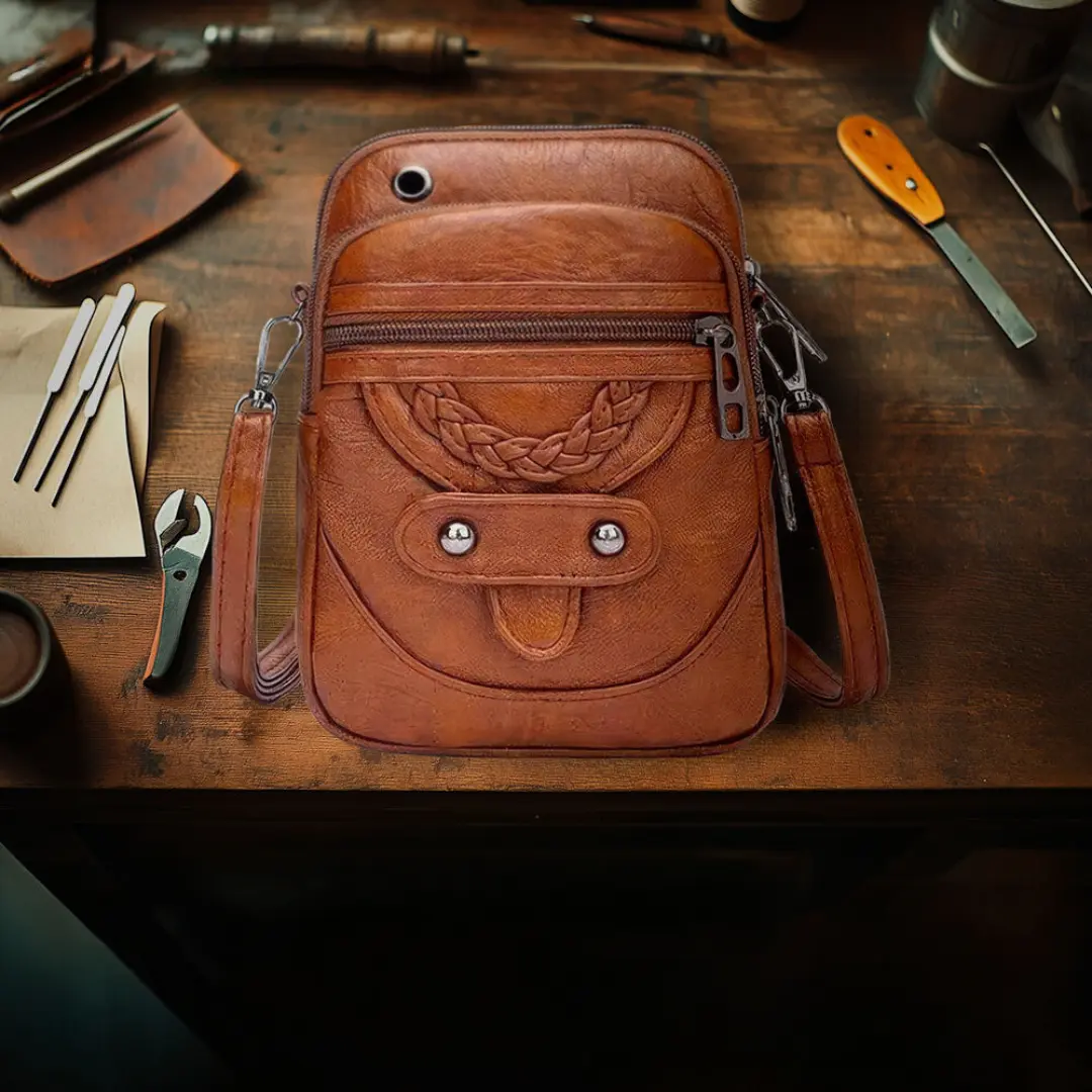 Sac à bandoulière en cuir marron, face avant avec tressage décoratif et deux zips