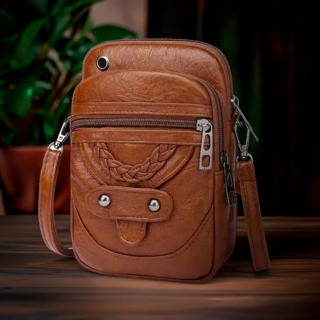 Sac à bandoulière en cuir marron, poche tressée et bandoulière avec attache métal