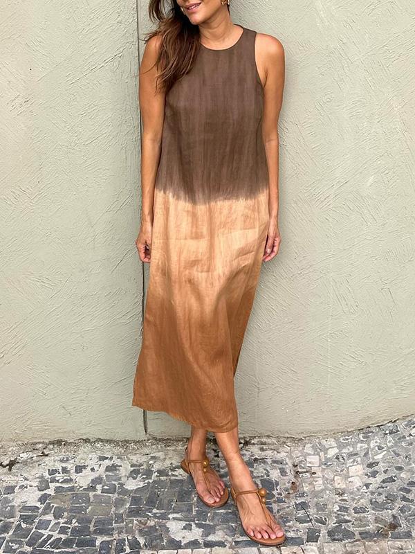 Robe sans manches mi-longue tie-dye marron et gris, encolure ronde