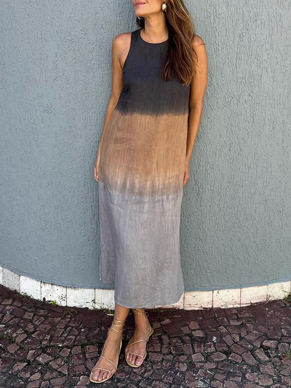 Robe sans manches mi-longue tie-dye bleu nuit et gris clair, encolure ronde