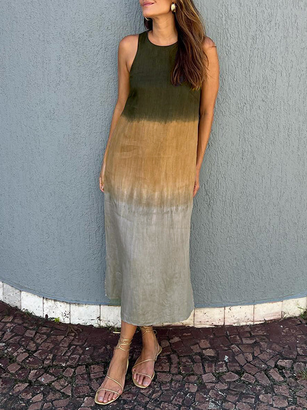 Robe sans manches mi-longue tie-dye vert olive et gris clair, encolure ronde