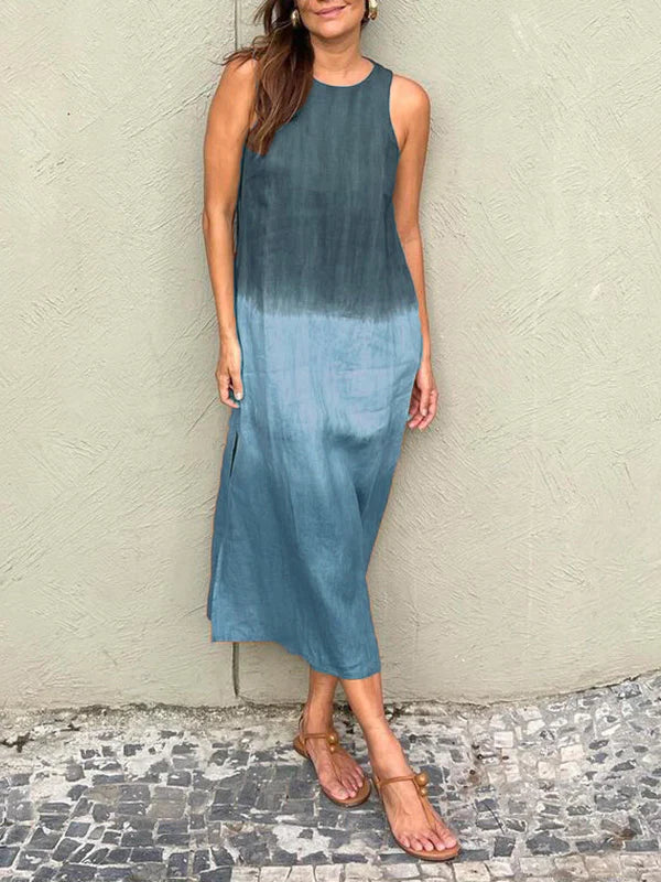 Robe sans manches mi-longue tie-dye bleu et bleu clair, encolure ronde
