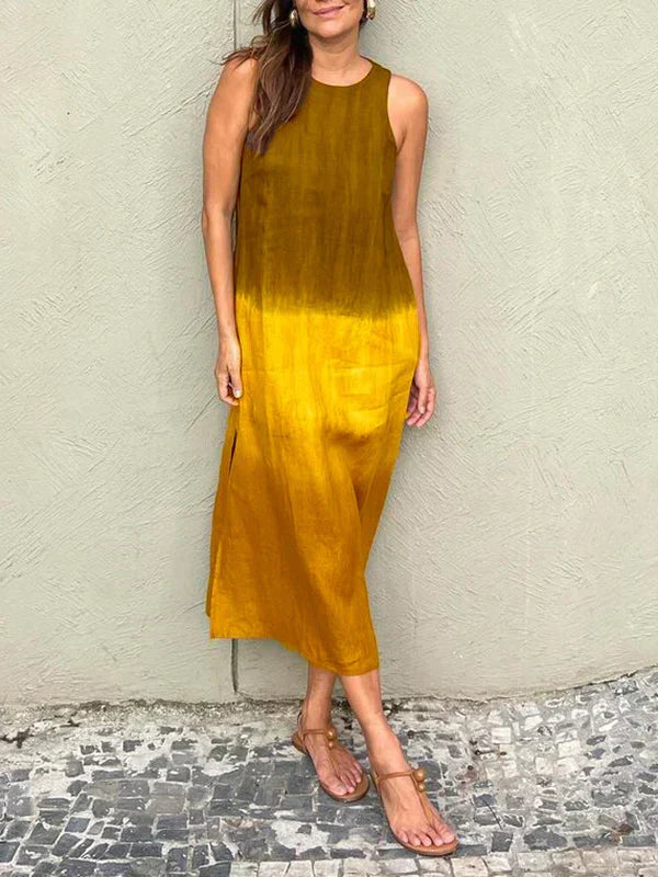 Robe sans manches mi-longue tie-dye jaune et jaune doré, encolure ronde