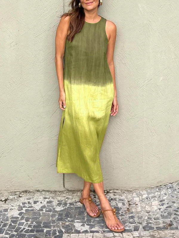 Robe sans manches mi-longue tie-dye vert et vert citron, encolure ronde