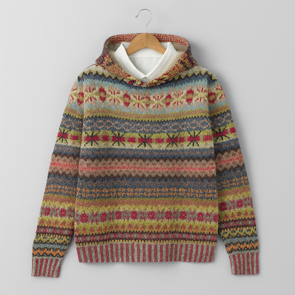 Sweat à capuche en maille, motifs ethniques multicolores sur fond marron