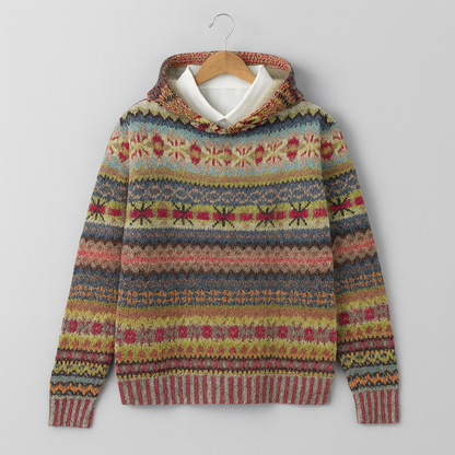 Sweat à capuche en maille, motifs ethniques multicolores sur fond marron