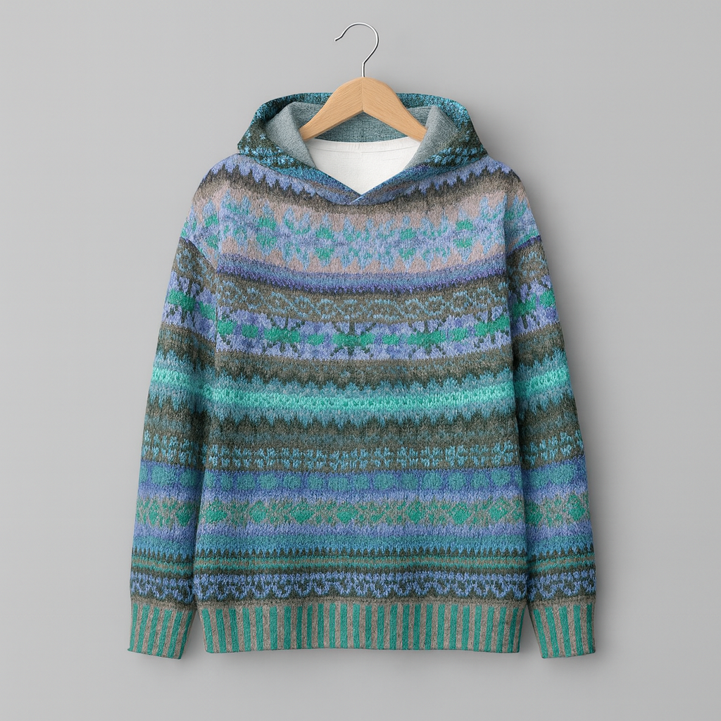 Sweat à capuche en maille bleu-vert, motifs ethniques multicolores avec bord
