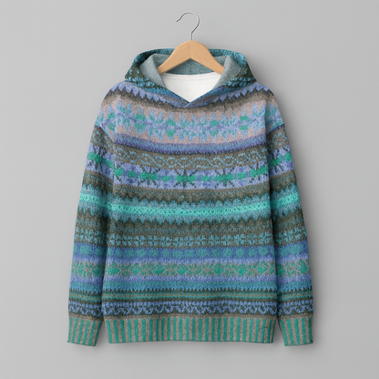 Sweat à capuche en maille bleu-vert, motifs ethniques multicolores avec bord