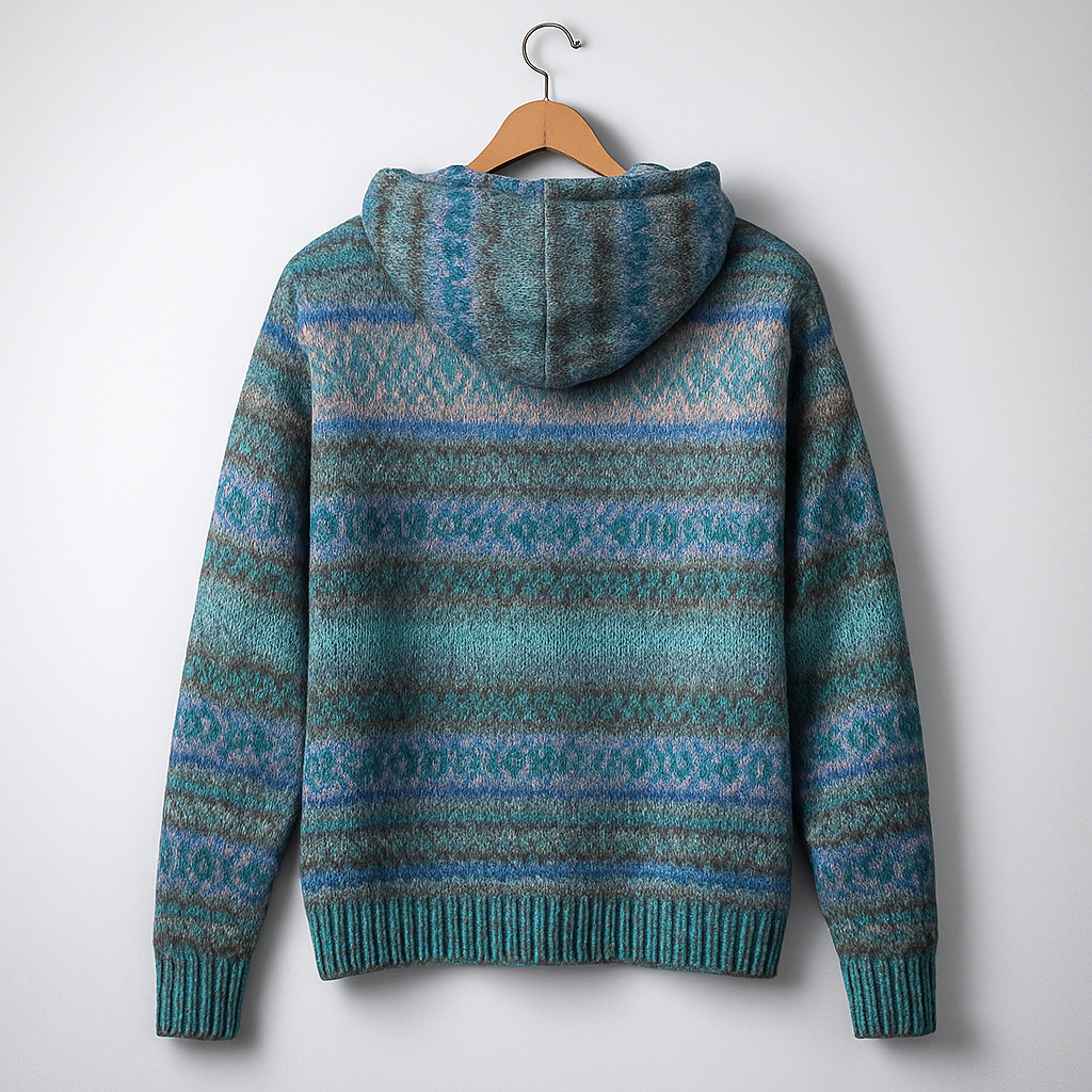 Sweat à capuche en maille bleue et turquoise, motifs ethniques horizontaux