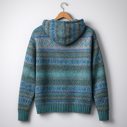 Sweat à capuche en maille bleue et turquoise, motifs ethniques horizontaux