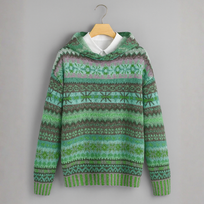 Sweat à capuche en maille vert, motifs ethniques verts et roses, poignets côtelés