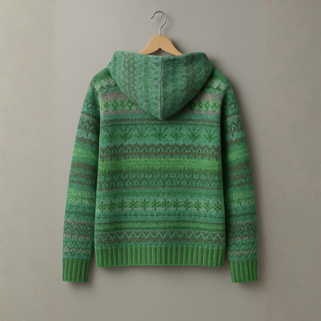 Sweat à capuche en maille vert, motifs ethniques horizontaux et bord côtelé
