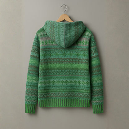 Sweat à capuche en maille vert, motifs ethniques horizontaux et bord côtelé