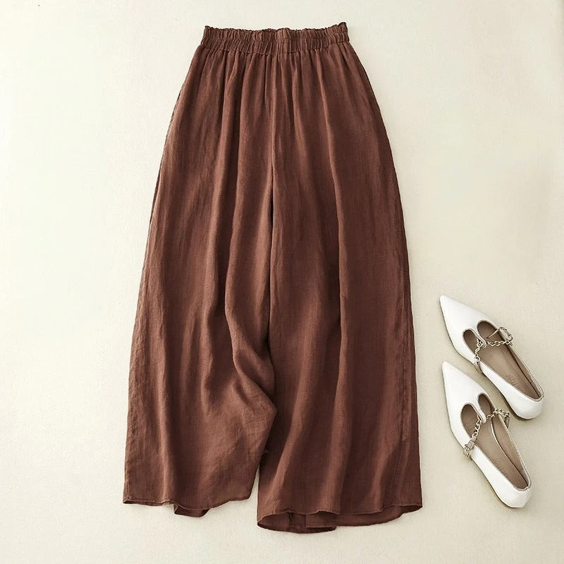 Pantalon en lin marron à taille élastique et jambe ample, plis légers