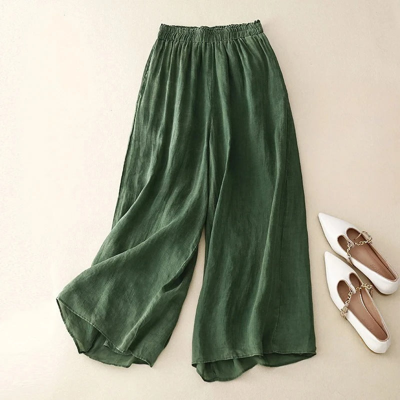 Pantalon en lin vert à taille élastique, coupe ample et ourlet fluide