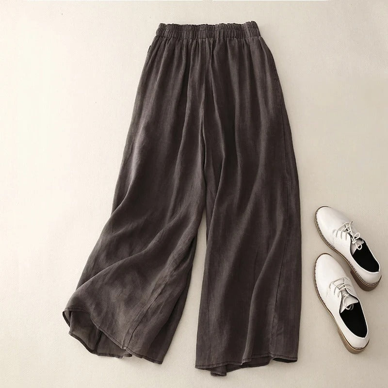 Pantalon en lin gris foncé à taille élastique, jambes larges et fluides