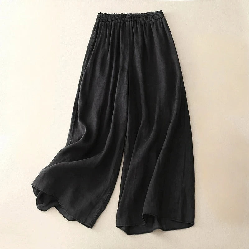 Pantalon en lin noir à taille élastique, coupe ample avec ourlet souple
