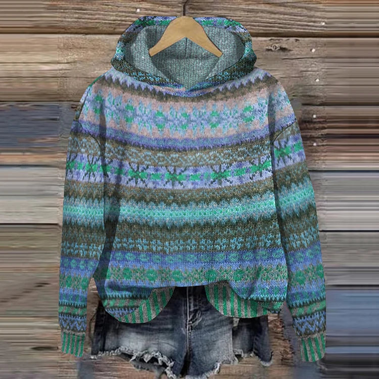 Haut en maille à capuche, motif ethnique multicolore bleu-vert