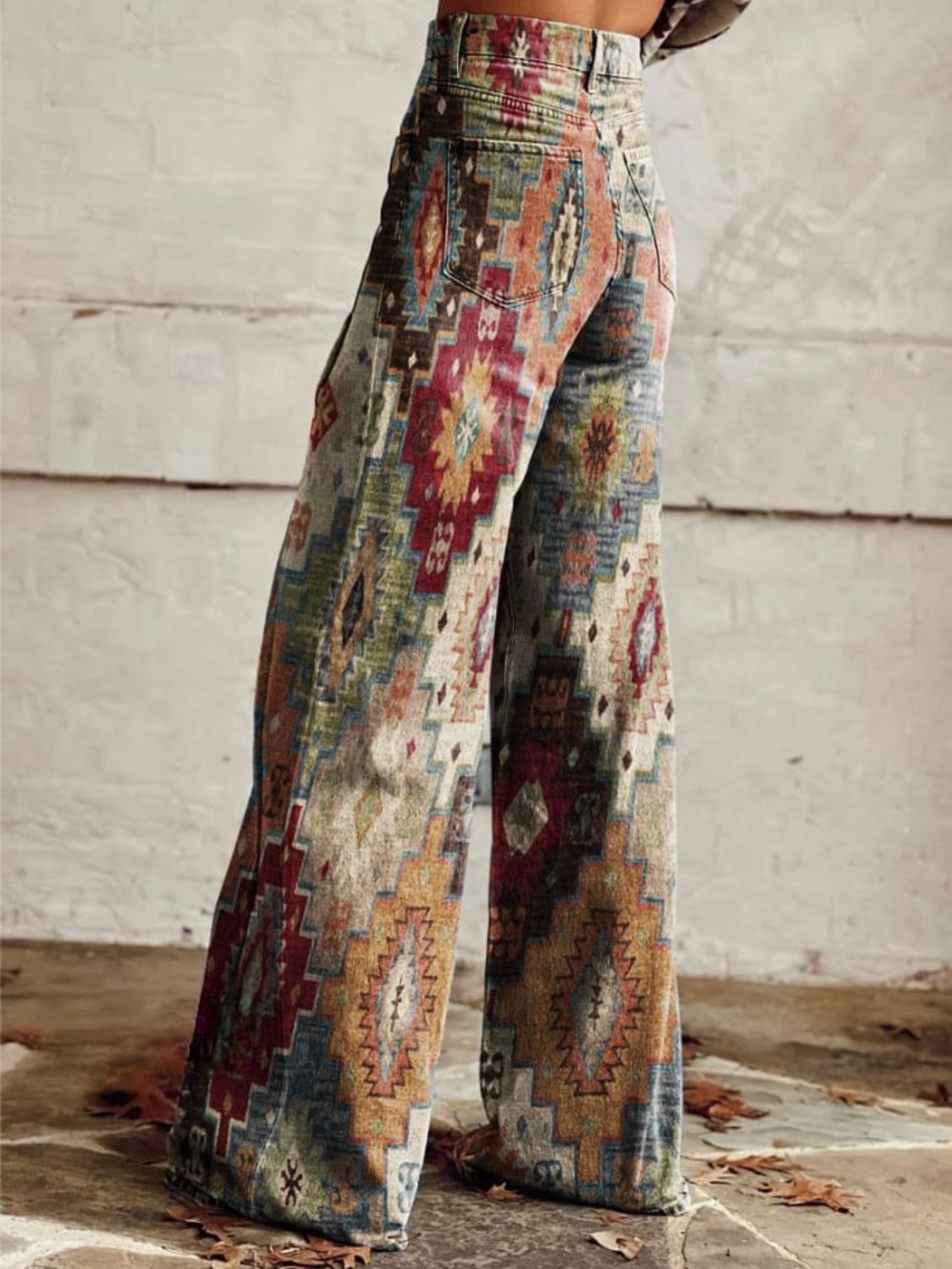 Pantalon ample rétro à motif aztèque multicolore, taille haute, coupe droite