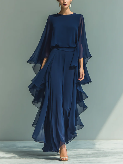 Ensemble robe longue en chiffon bleu marine, haut à manches trois-quarts, volants