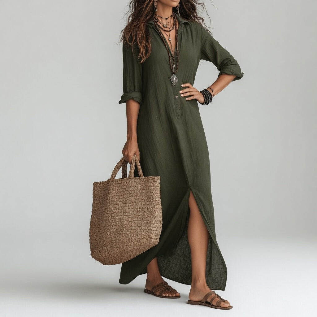 Robe chemise longue vert olive, boutonnage, fente avant, col V, manches retroussées.