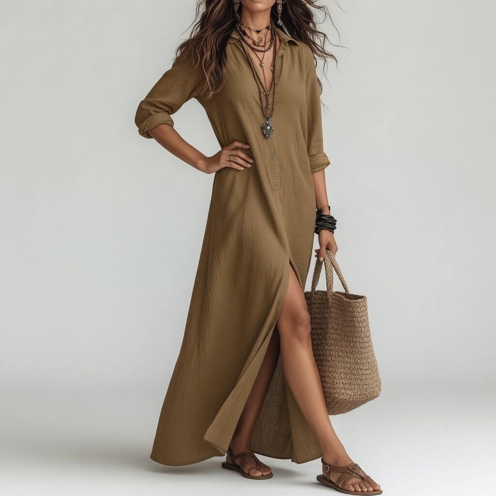 Robe chemise longue kaki, boutonnage, fente avant, col chemise, manches retroussées.
