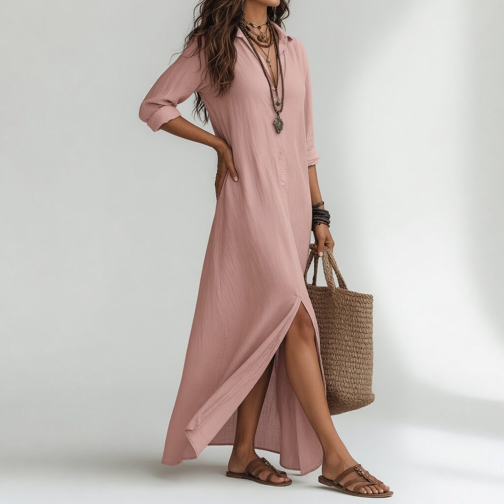 Robe chemise longue rose pâle, boutonnage, fente avant, col chemise, manches retroussées.
