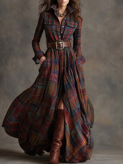 Robe chemise longue à carreaux rouge et vert, ceinture à boucle, jupe évasée