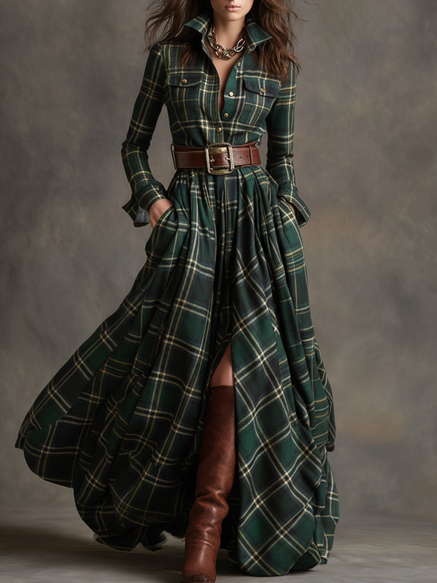 Robe chemise longue à carreaux vert foncé, ceinture à boucle, jupe ample