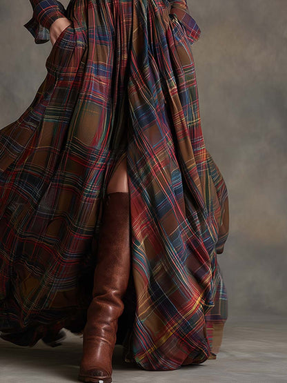 Robe longue à carreaux bleu et vert, jupe ample évasée, ceinture à boucle