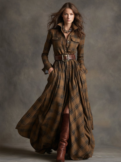 Robe chemise longue à carreaux marron et beige, ceinture à boucle, jupe ample