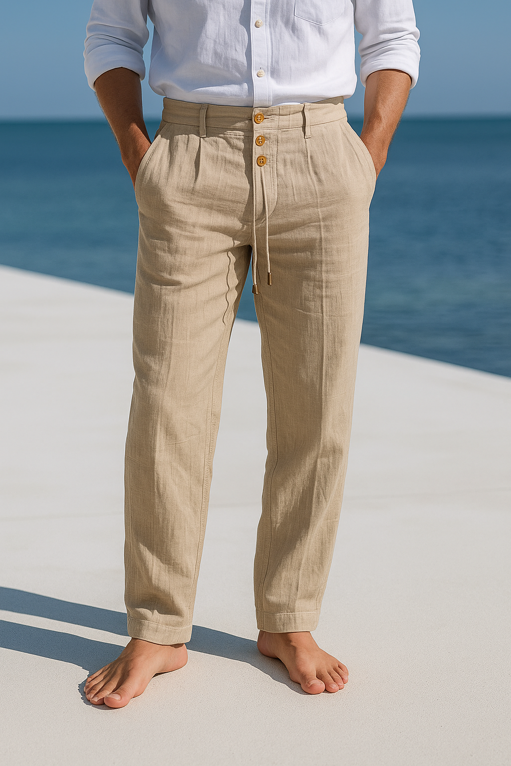 Pantalon d’été en lin léger kaki, taille à cordon et poches, boutonnage