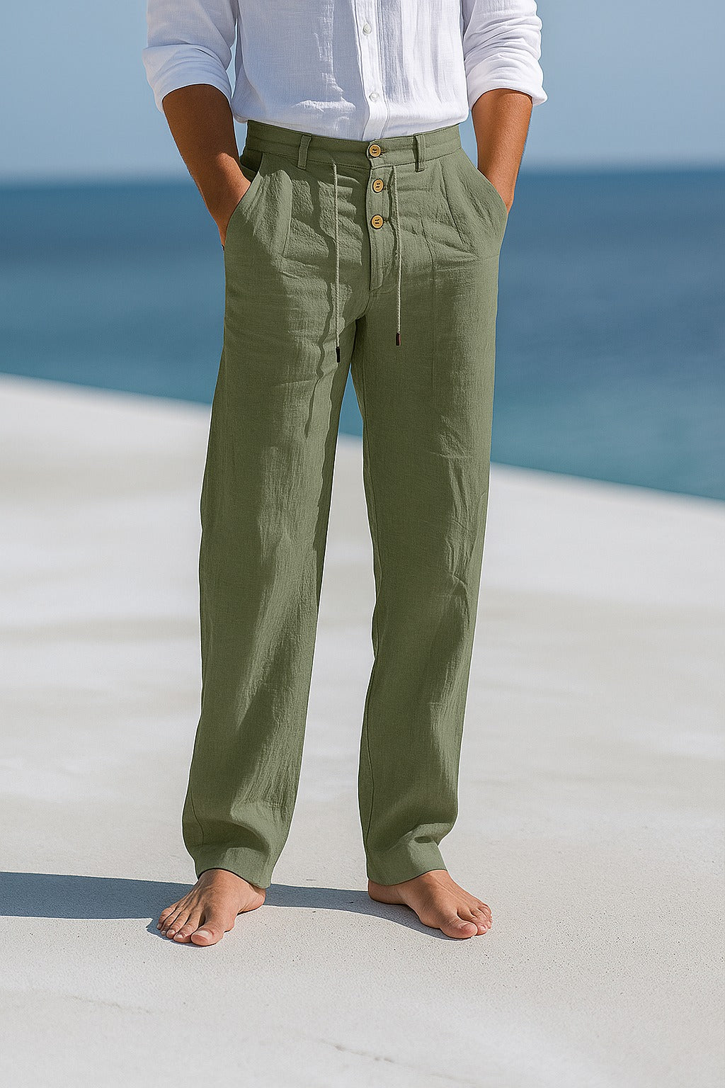 Pantalon d’été en lin léger vert militaire, taille à cordon, poches et boutons