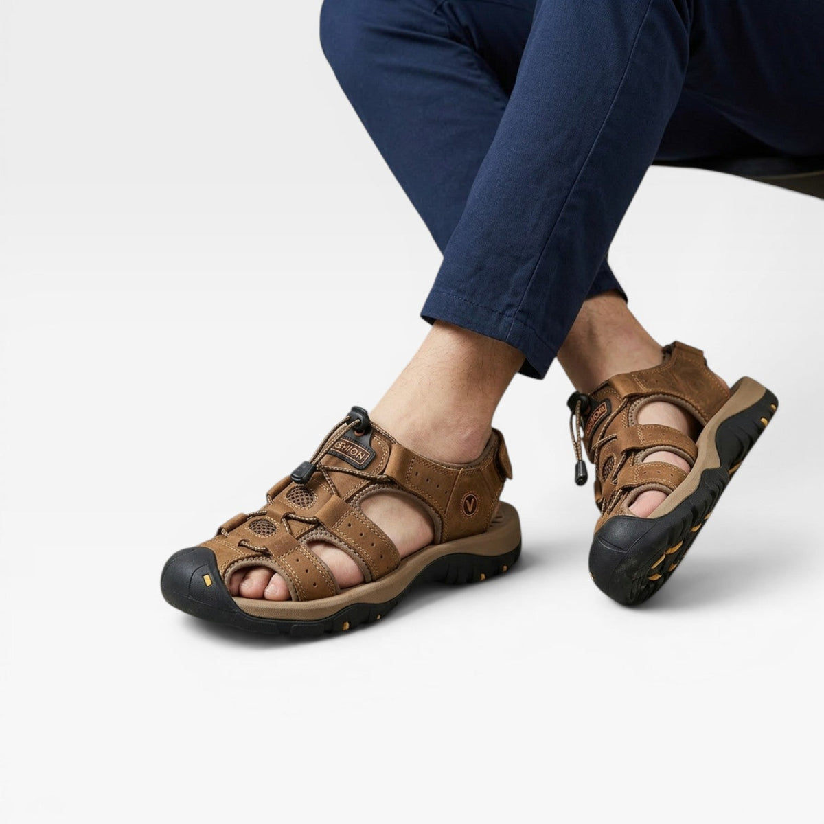 Sandales de randonnée en cuir véritable pour hommes à bout fermé – Sandales de marche outdoor réglables