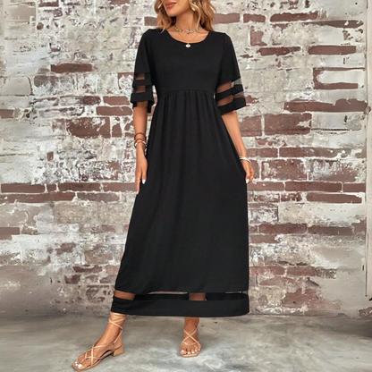 Robe midi noire Cerelia à taille élastiquée, manches 3/4 à fentes, ourlet contrasté