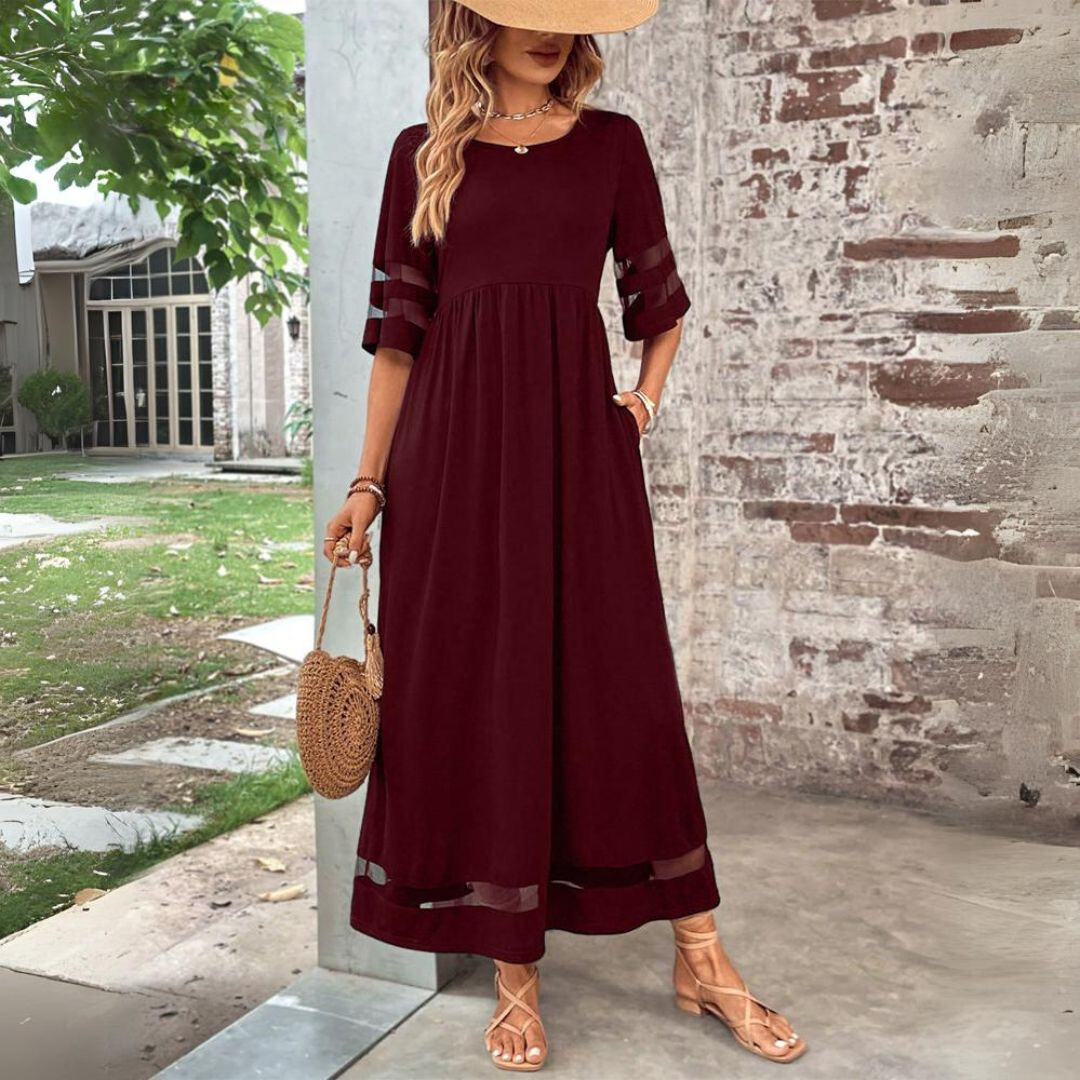 Robe midi bordeaux, taille froncée, manches 3/4 à empiècements, ourlet contrasté